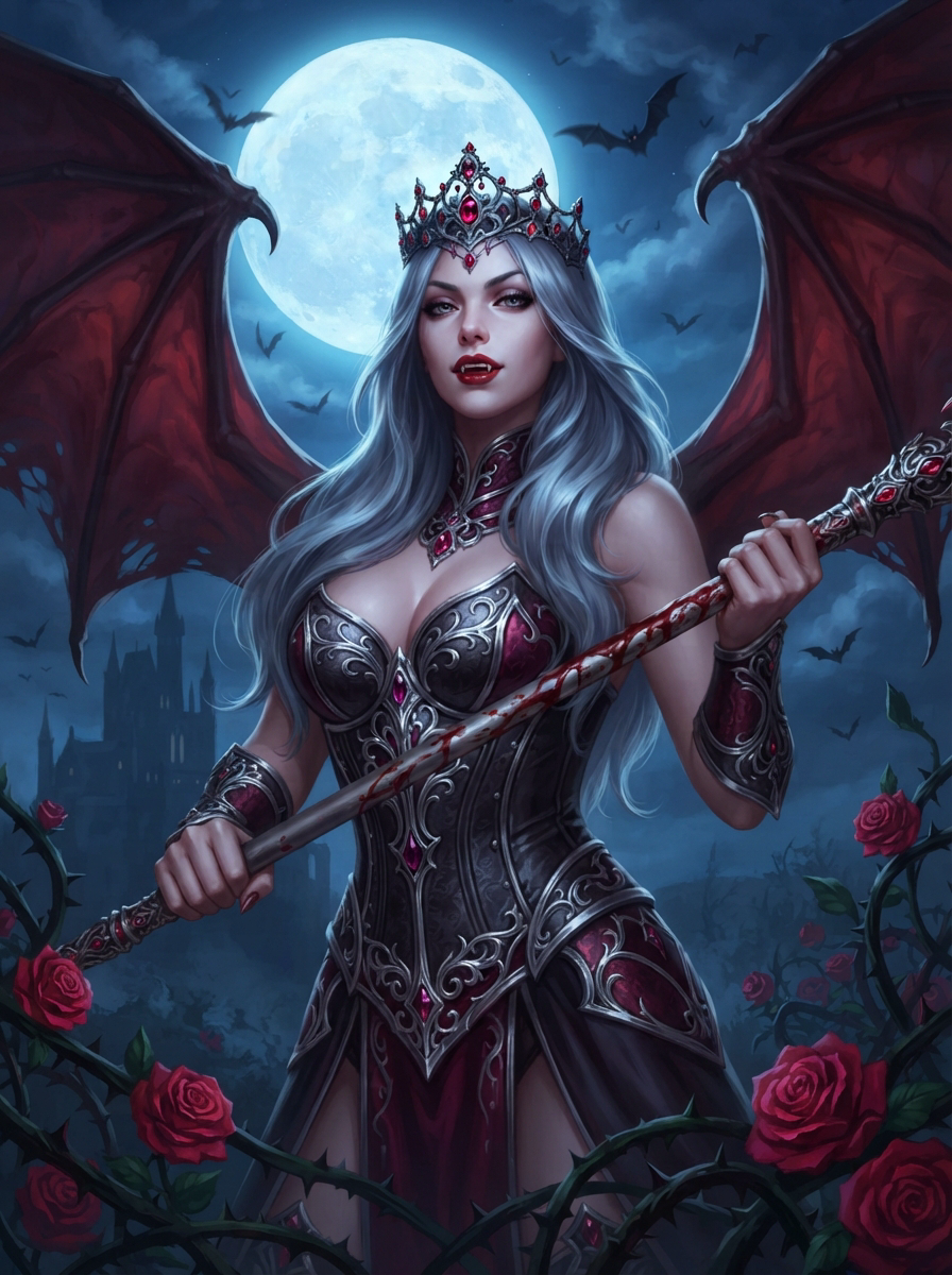 Regal vampire queen with bat wings holds a bloodied staff under a glowing full moon
