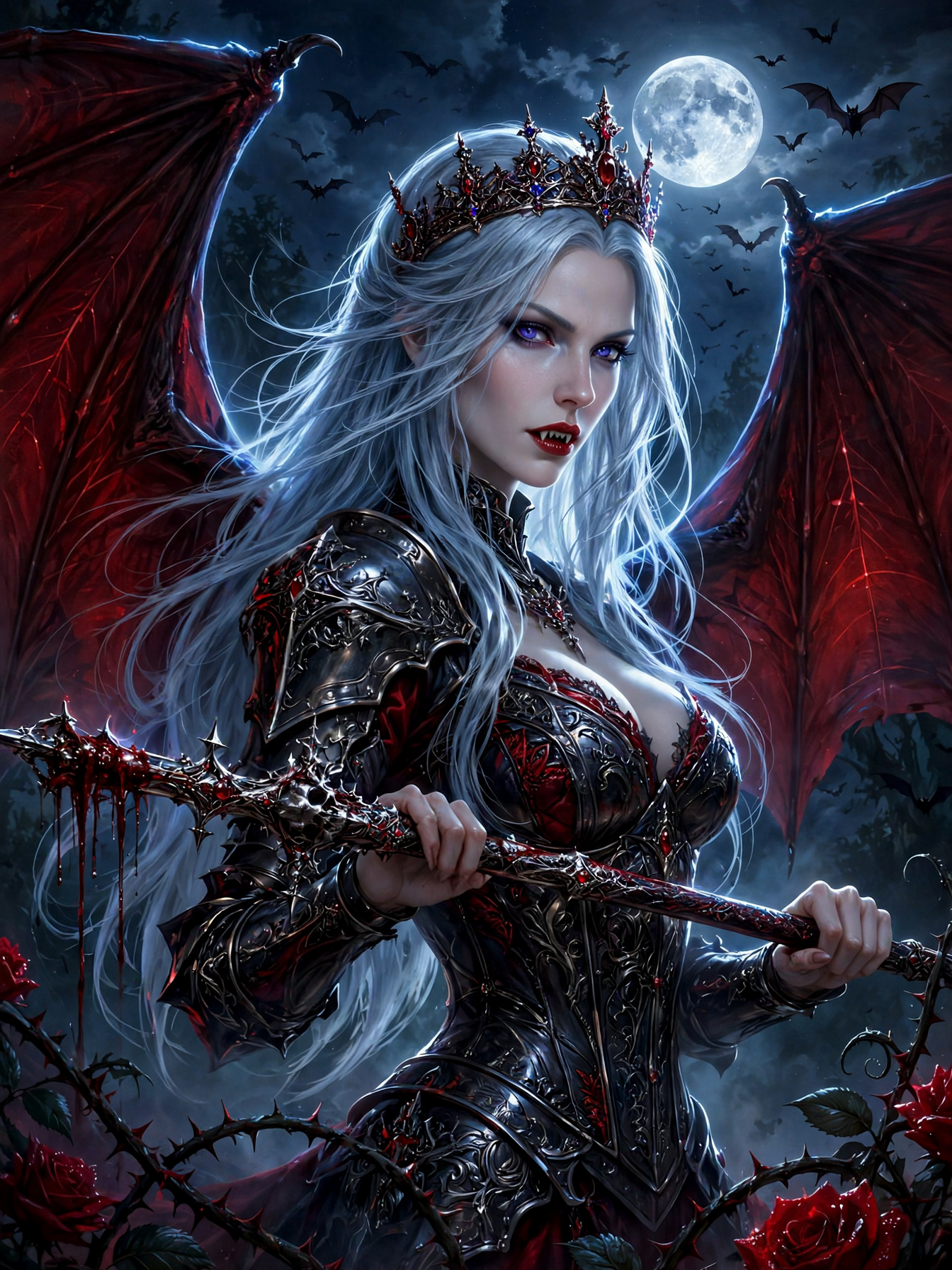 Silver-haired vampire queen with red bat wings holds a bloodied staff beneath a glowing full moon