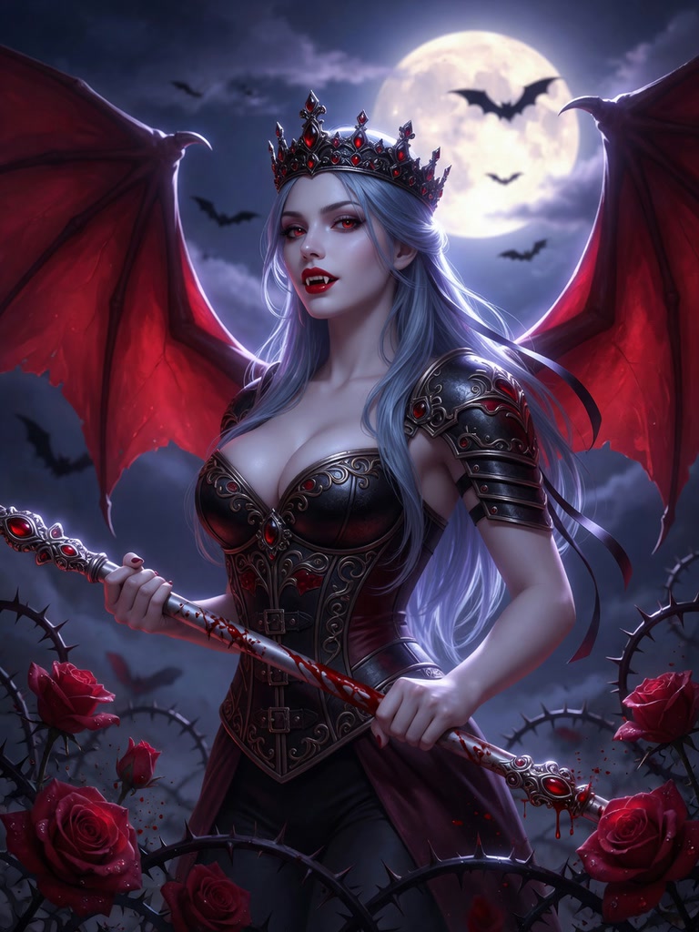Regal vampire queen with red bat wings holds a bloodied scepter under a glowing full moon surrounded by thorny roses