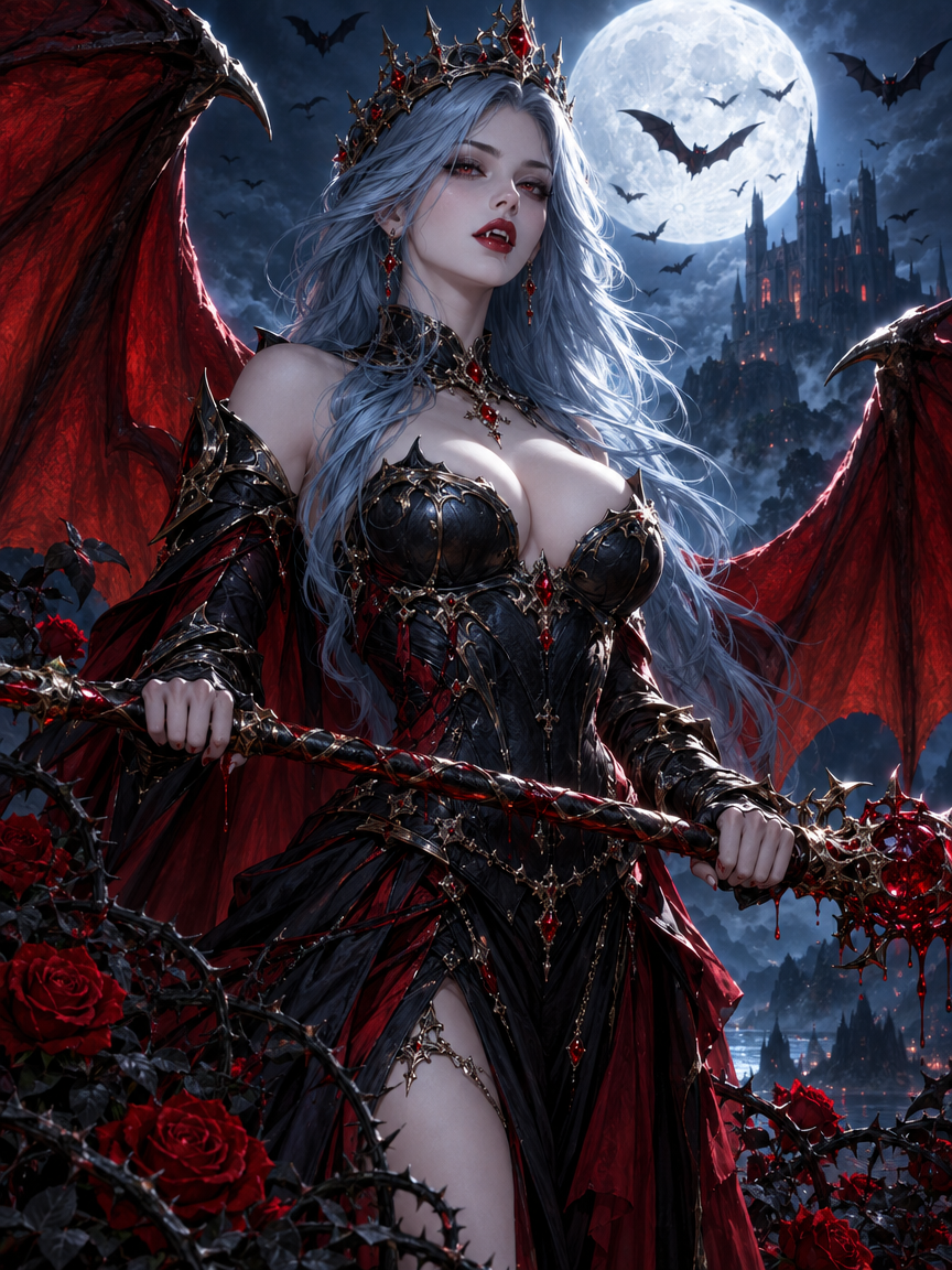 Regal vampire queen with red bat wings holds a bloodied staff beneath a glowing full moon and distant gothic castle