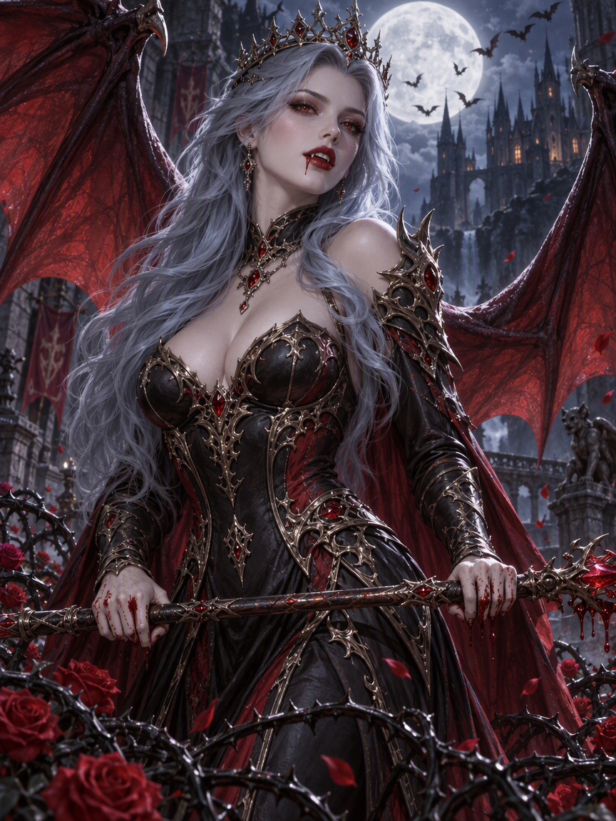 Silver-haired vampire queen with red bat wings stands before a gothic castle under a glowing full moon