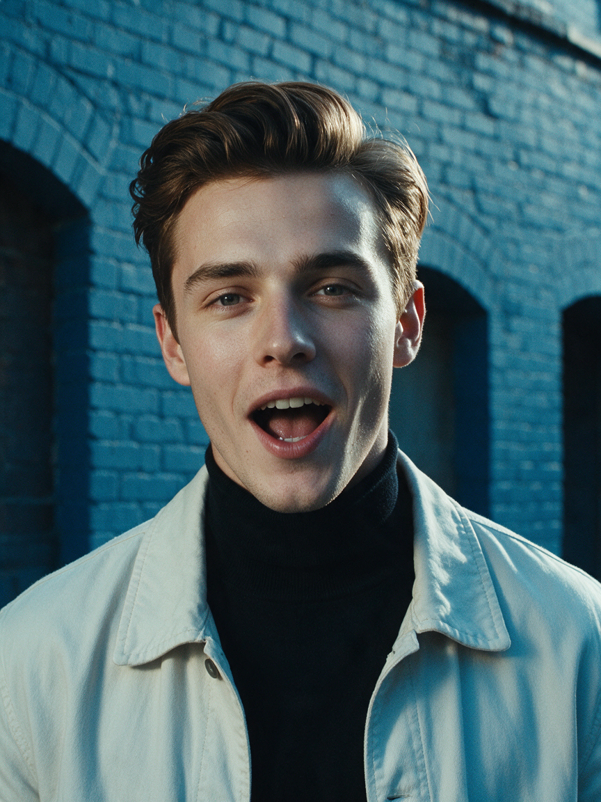 Cheerful young man with styled brown hair stands talking in front of a blue brick wall