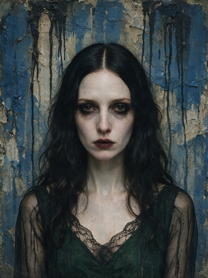 Pale somber gothic woman with smudged dark eye makeup stands against a streaked weathered peeling wall