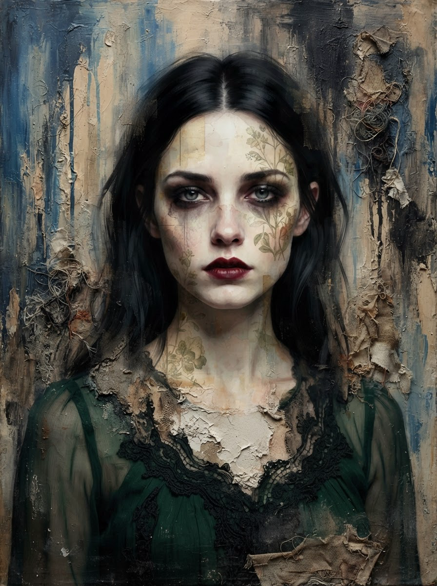 Textured painterly portrait of a solemn gothic woman with dark hair, smudged makeup and faded floral skin markings