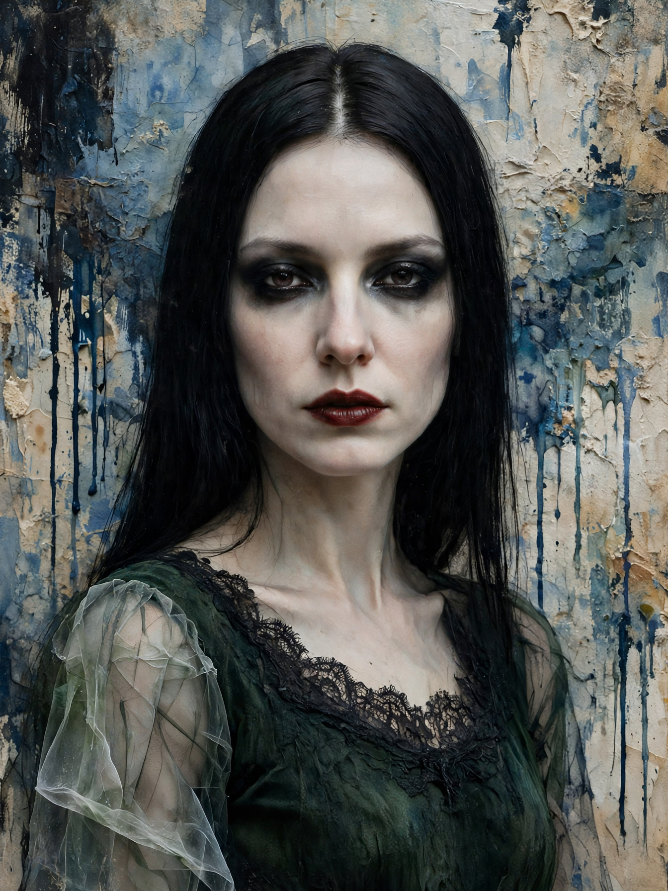 Haunting portrait of a pale gothic woman with long black hair against a textured dripped paint background