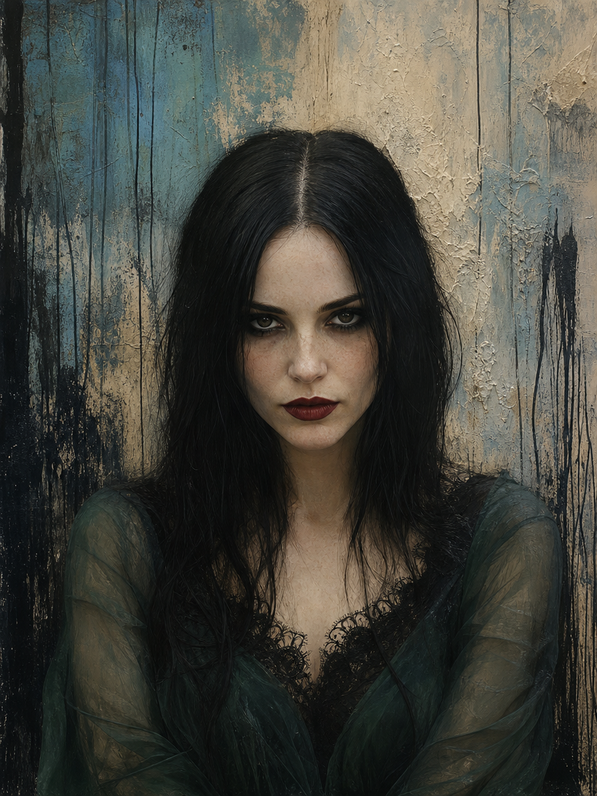 Gothic woman with long dark hair and bold dark makeup stares directly at the viewer against a textured painted wall