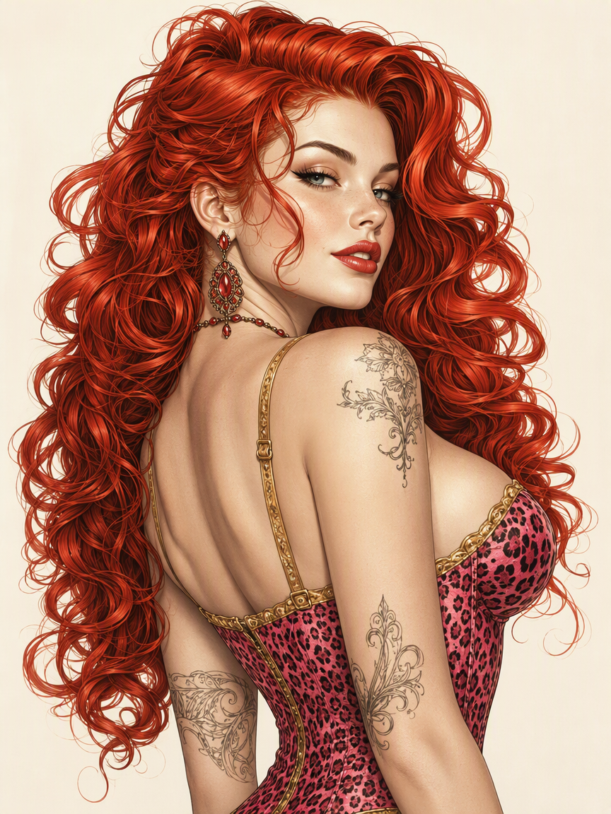 Woman with long voluminous curly red hair looks over her shoulder in a pink leopard print corset