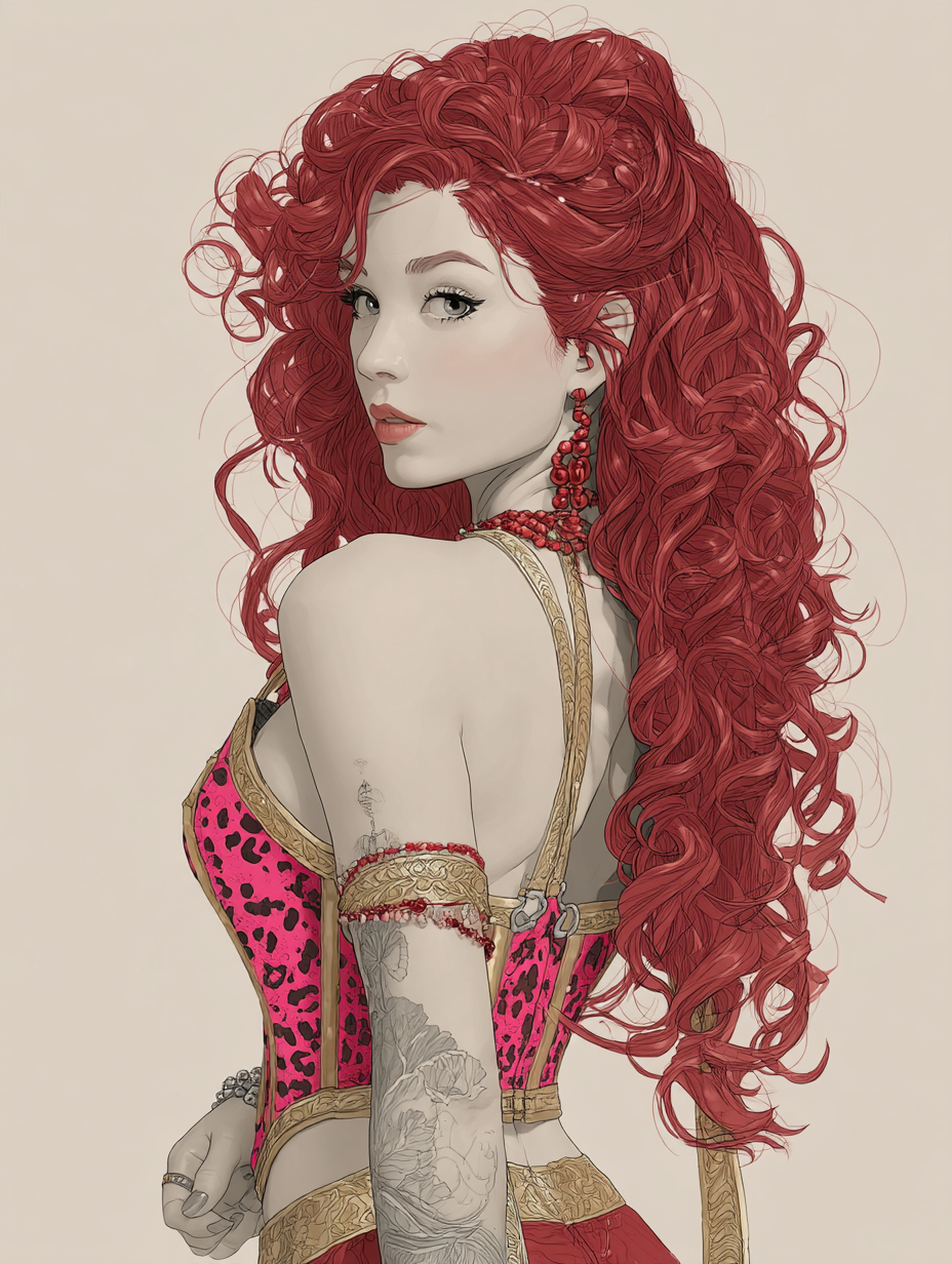 Illustration of a woman with voluminous curly red hair looking back over her shoulder