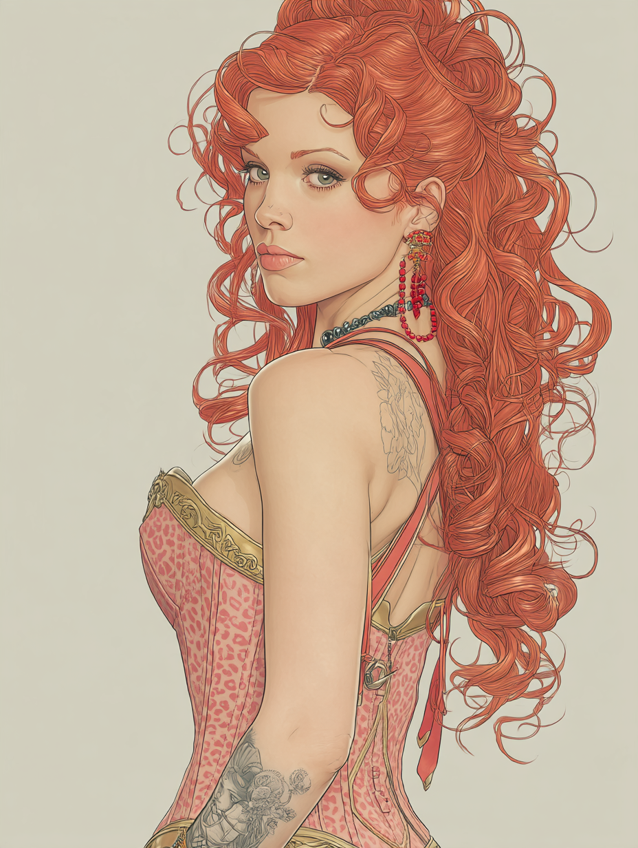 Illustrated portrait of a tattooed woman with long curly red hair in a corset looking over her shoulder