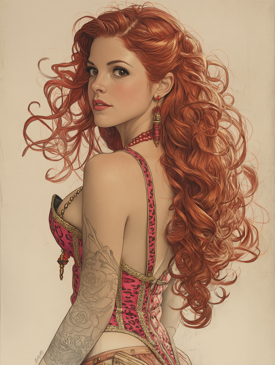 Illustrated woman with long curly red hair looking back over her shoulder wearing a pink corset