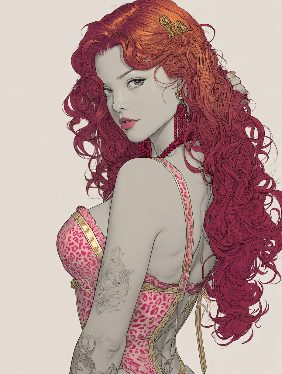 Stylized portrait of a woman with long curly red hair wearing a pink leopard print corset