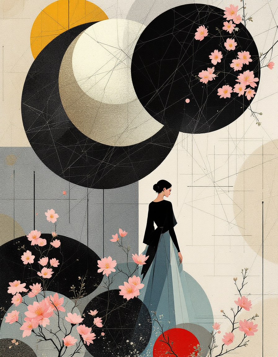 Stylized woman in a flowing gown stands among pink cherry blossoms and overlapping abstract circular shapes
