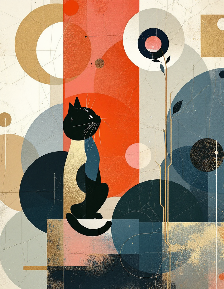 Stylized geometric black cat sits among layered abstract midcentury modern circular shapes
