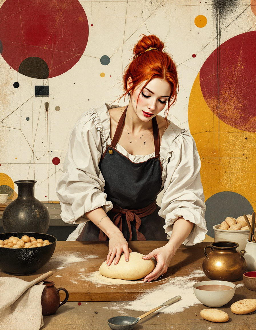 Red-haired female baker kneads soft dough on a floured wooden work table.