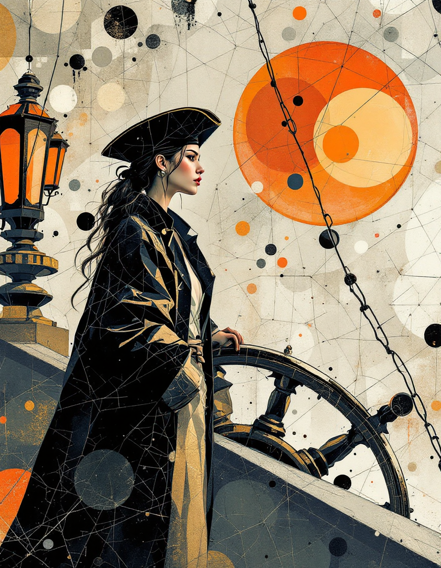 Female pirate captain in a tricorn hat stands at a ship's wheel against an abstract geometric backdrop