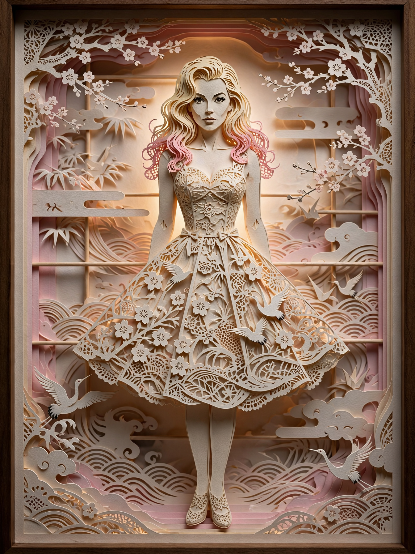 Framed layered papercut portrait of a woman with pink-tipped hair, surrounded by cherry blossom and crane patterns