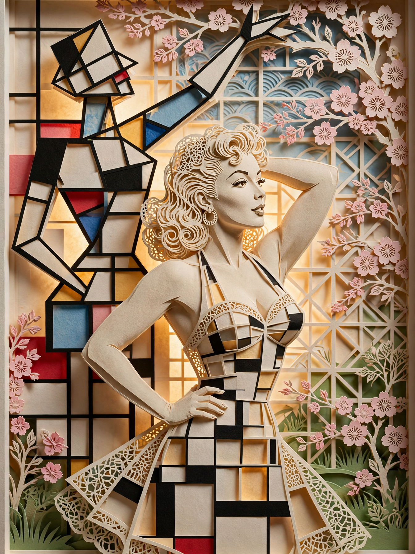 Intricate layered papercut shadowbox featuring a retro pinup figure, cubist dancer, and cherry blossom accents