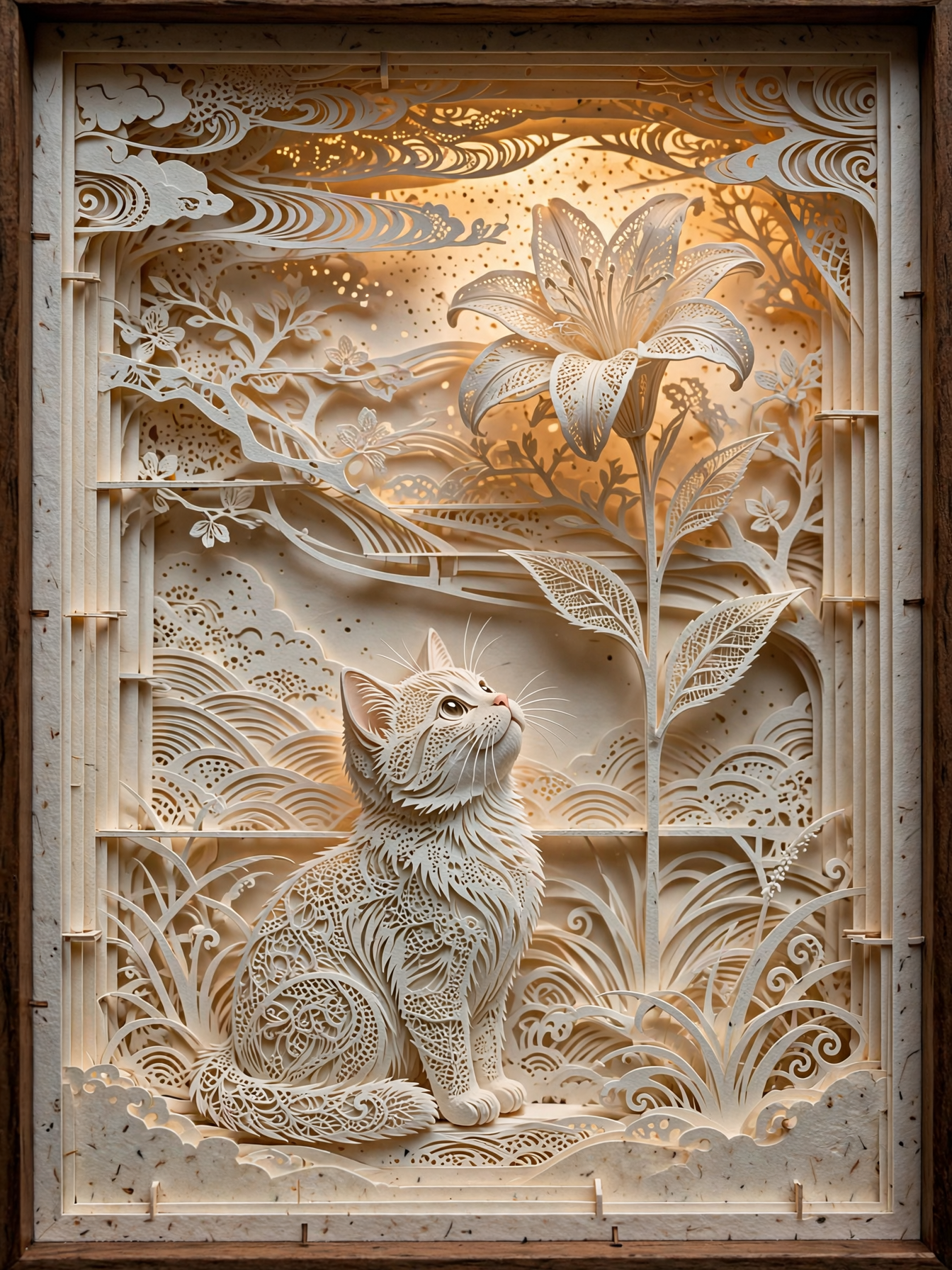 Intricate layered paper cut diorama of a seated cat gazing up at a large lily flower