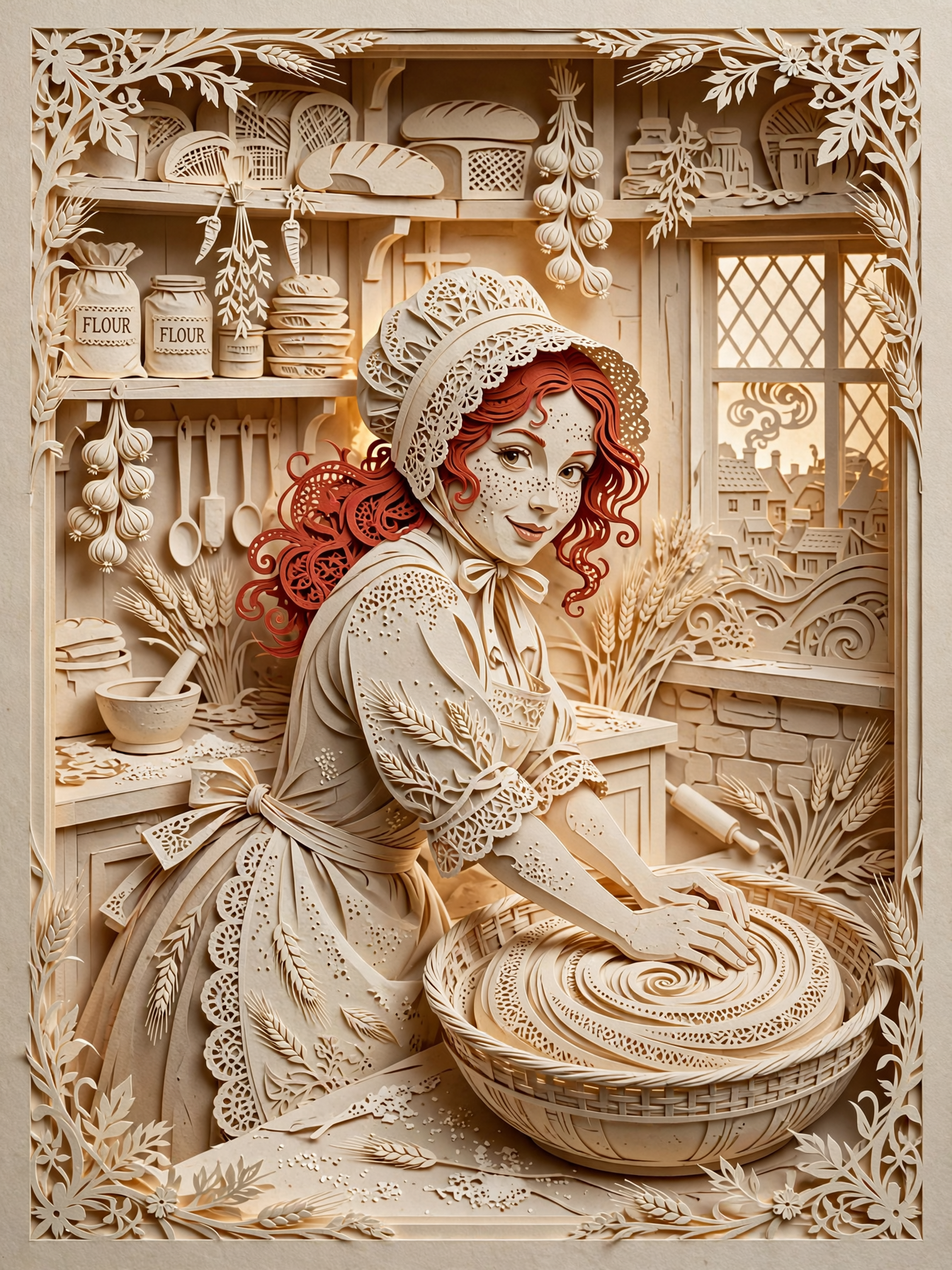 Intricate layered papercut art of a red-haired vintage baker kneading dough in a cozy cottage kitchen