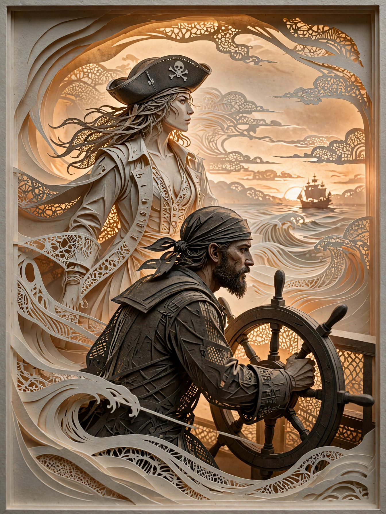Intricate layered papercut diorama of pirate crew navigating a ship at golden sunset