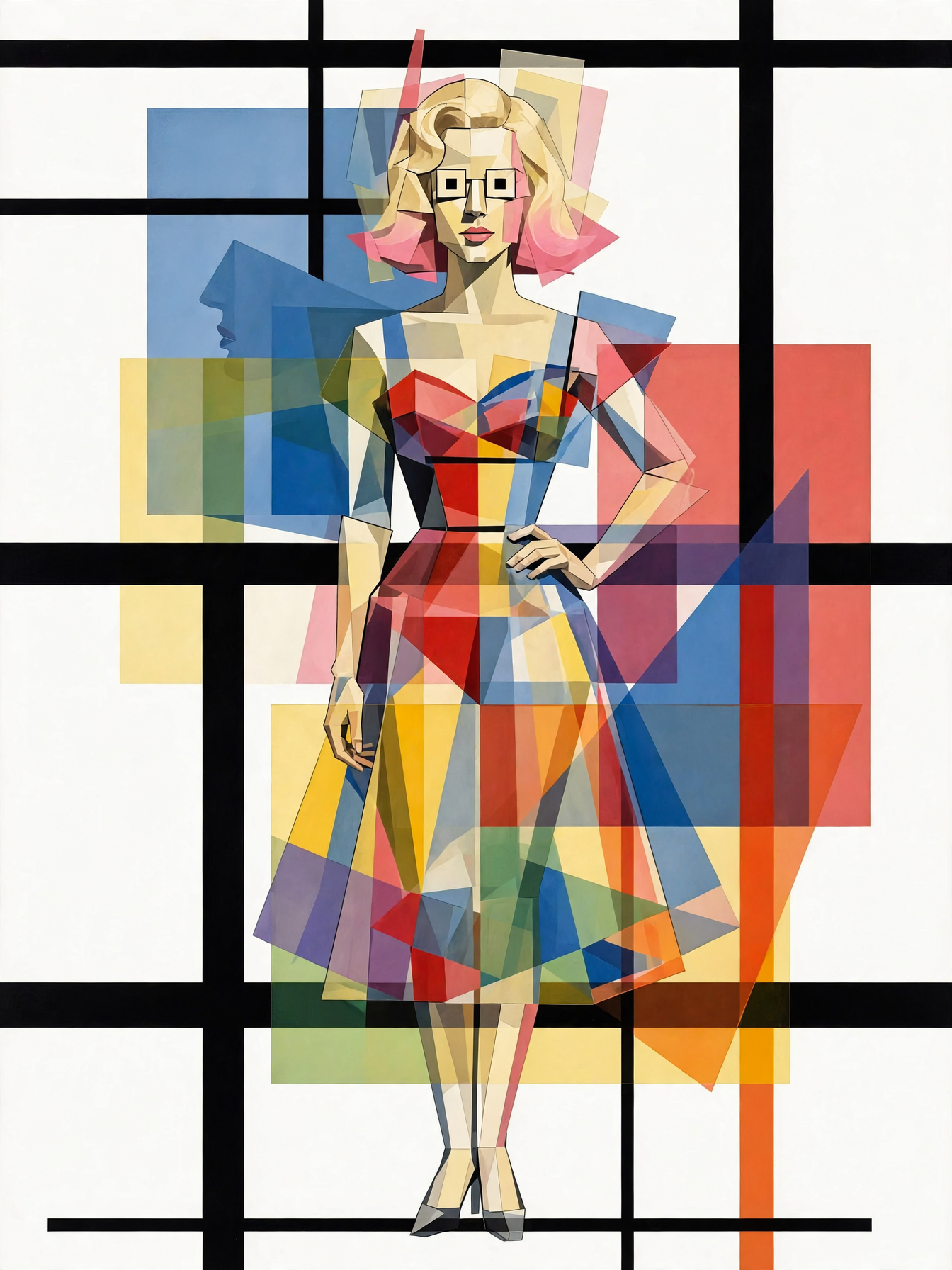 Cubist geometric portrait of a bespectacled woman standing against a Mondrian-style grid background