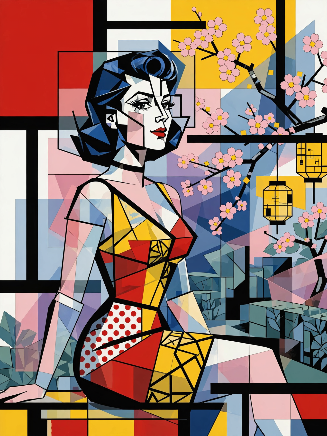 Cubist stylized portrait of a seated retro woman beside cherry blossom and geometric Mondrian-style background