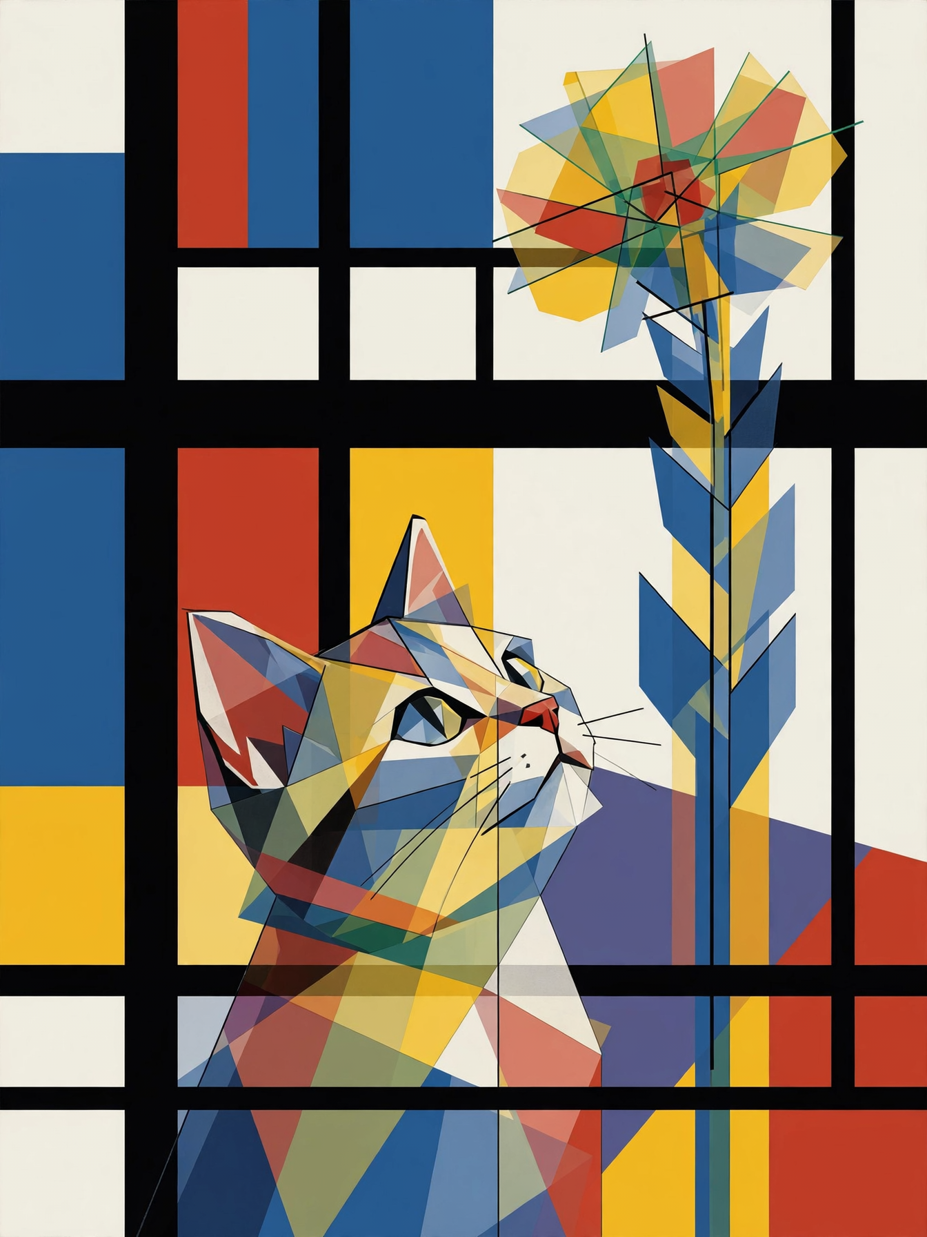 Cubist geometric cat gazes upward at a stylized flower against a Mondrian grid background