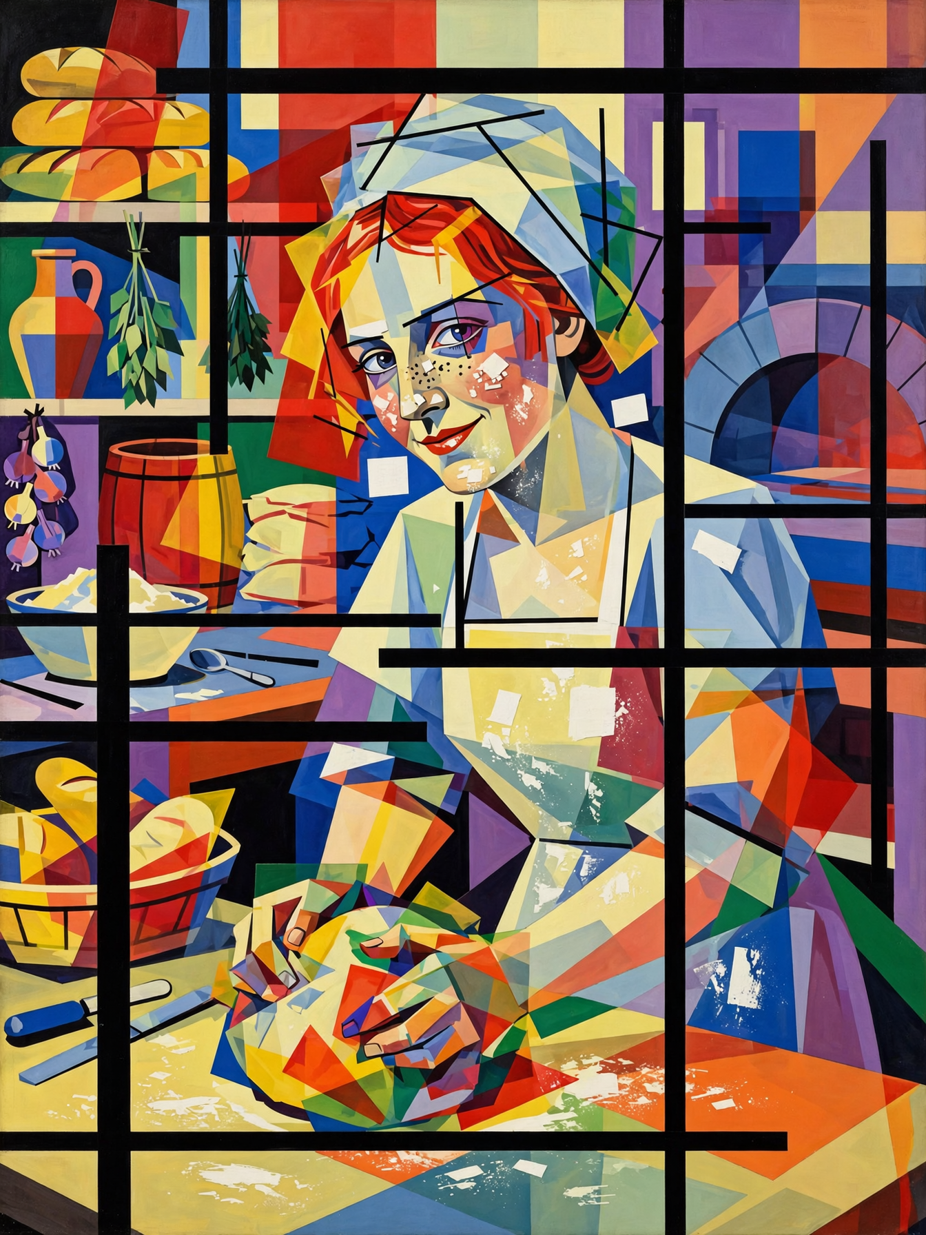 Cubist portrait of a smiling female baker kneading dough in a geometric styled kitchen