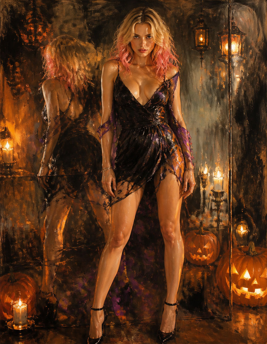 Woman with pink-tipped blonde hair stands in a sheer dark dress among lit Halloween jack-o-lanterns and a floor mirror