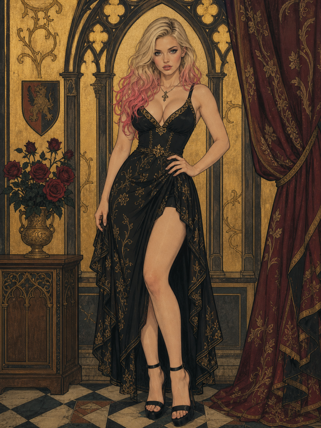 Glamorous woman with blonde to pink ombre hair poses in an embroidered black gown in a gothic castle chamber