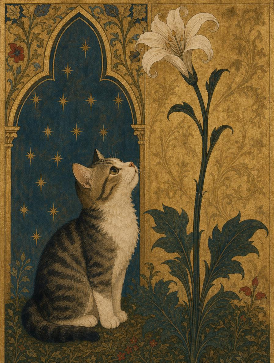 Medieval illuminated manuscript of a tabby cat sitting and gazing up at a tall white lily beside a starry Gothic arch