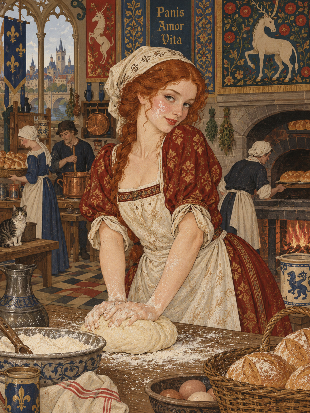 Red-haired medieval baker kneads bread dough in a richly decorated castle kitchen with other working staff.