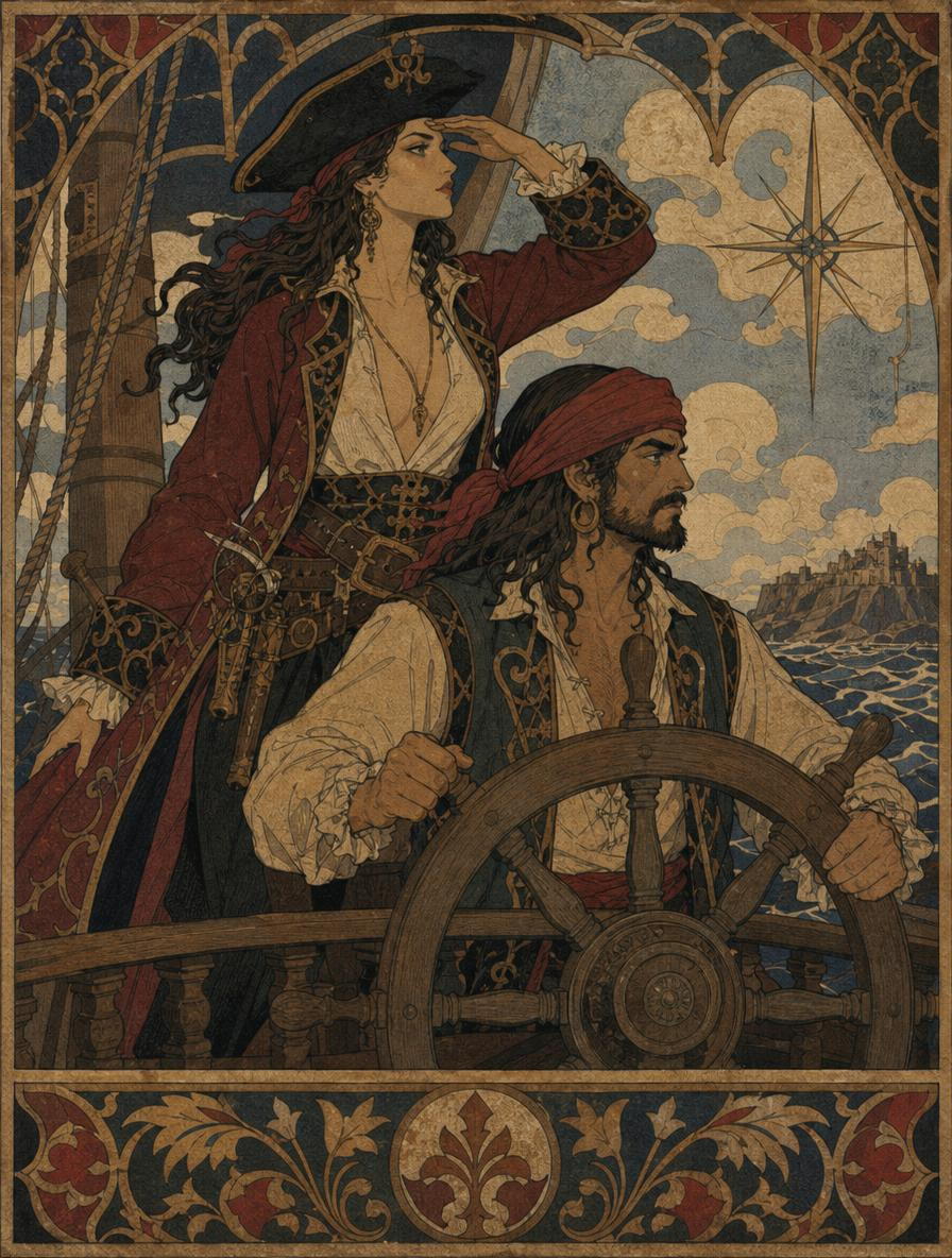 Female pirate surveys the horizon while a male pirate steers their ship toward a distant coastal fortress