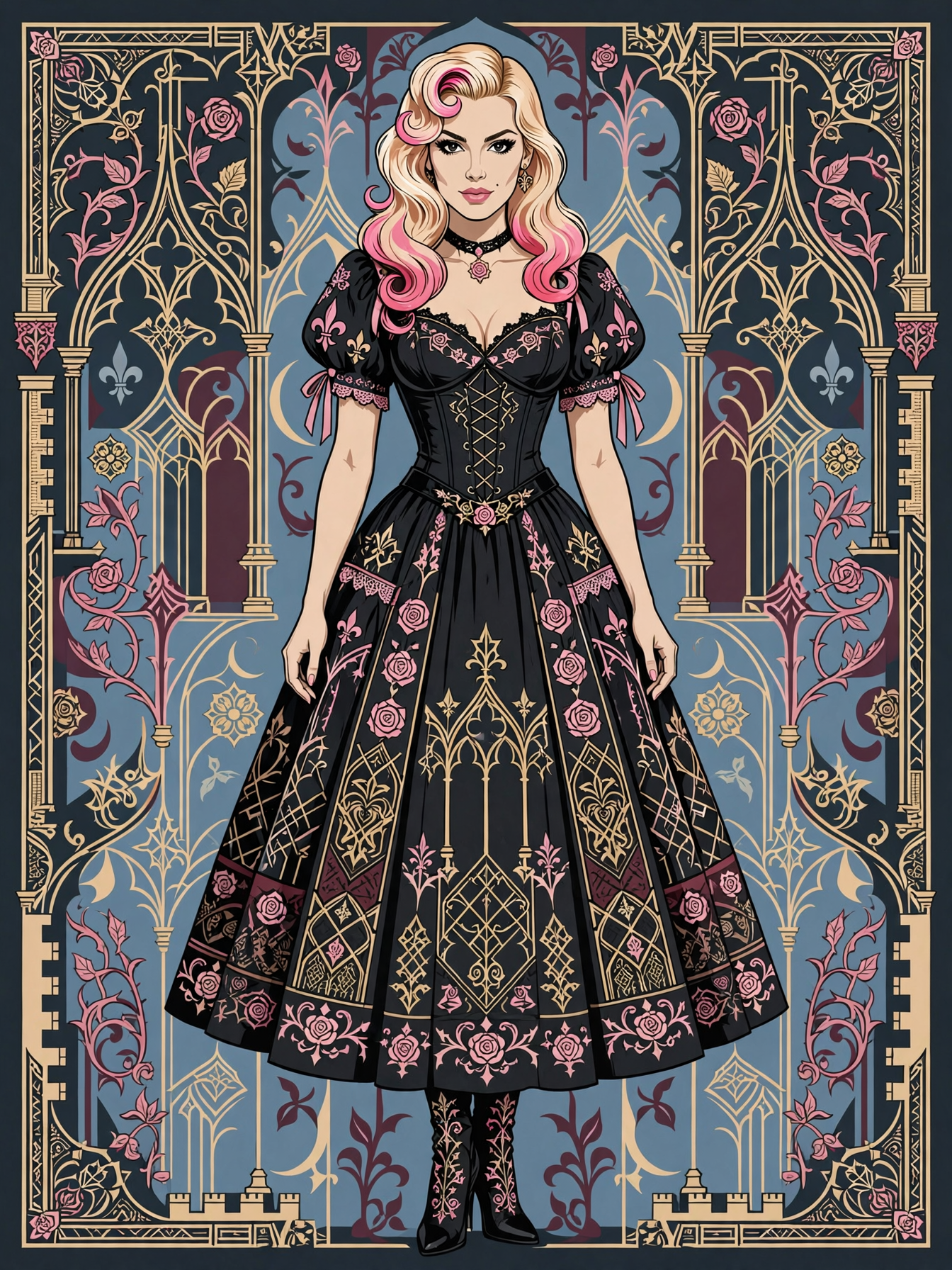 Gothic styled blonde Barbie with pink hair streaks stands in an ornate embroidered black ballgown