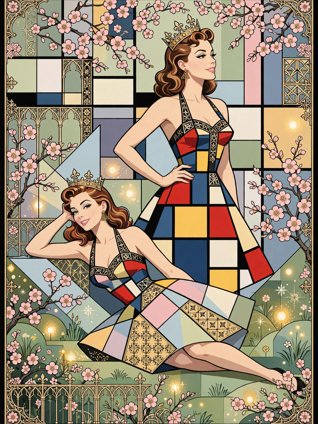 Two crowned women in geometric gowns pose against a stained glass cherry blossom backdrop