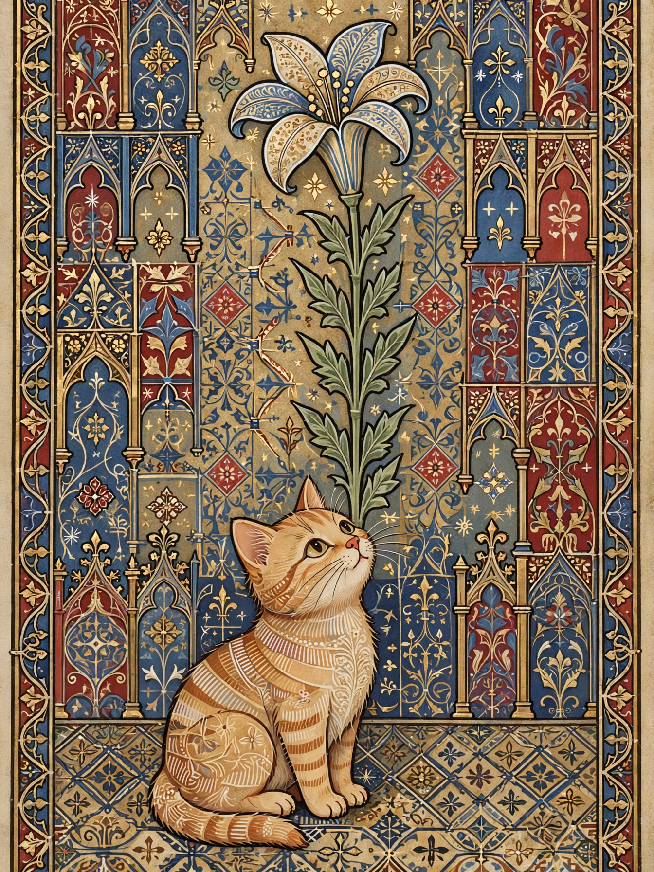 Medieval illuminated manuscript style ginger tabby cat gazing up at an ornate lily flower