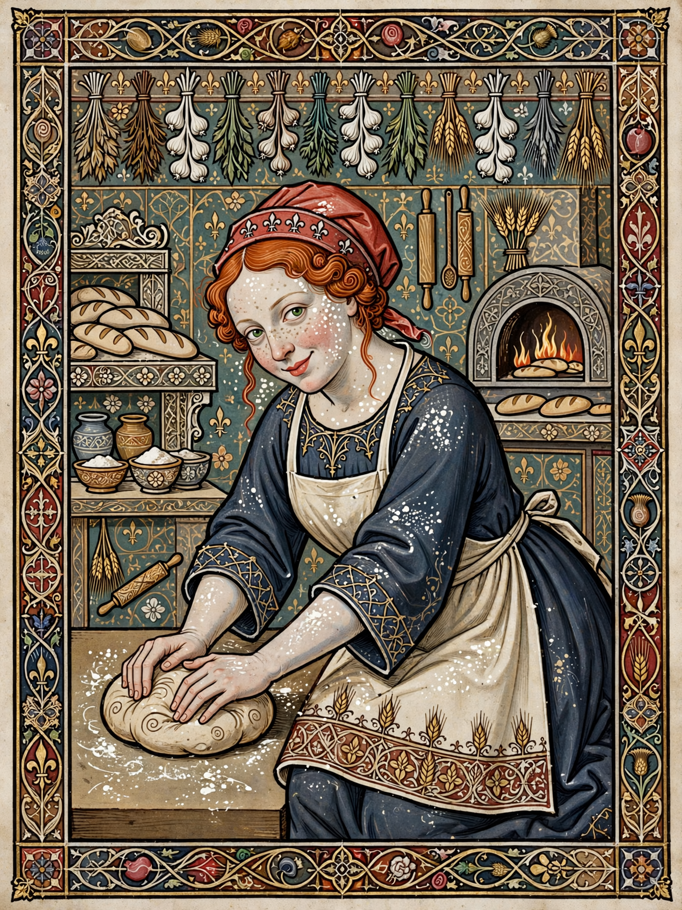 Medieval illuminated manuscript illustration of a woman kneading bread dough in a historic bakery kitchen