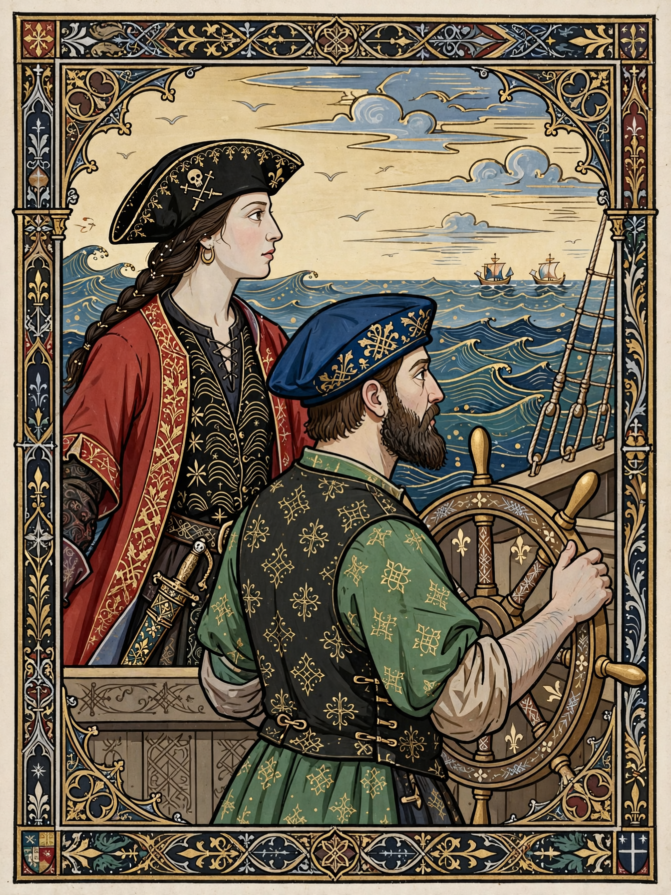 Gothic illuminated manuscript art of a helmsman and female pirate on a ship deck overlooking the ocean