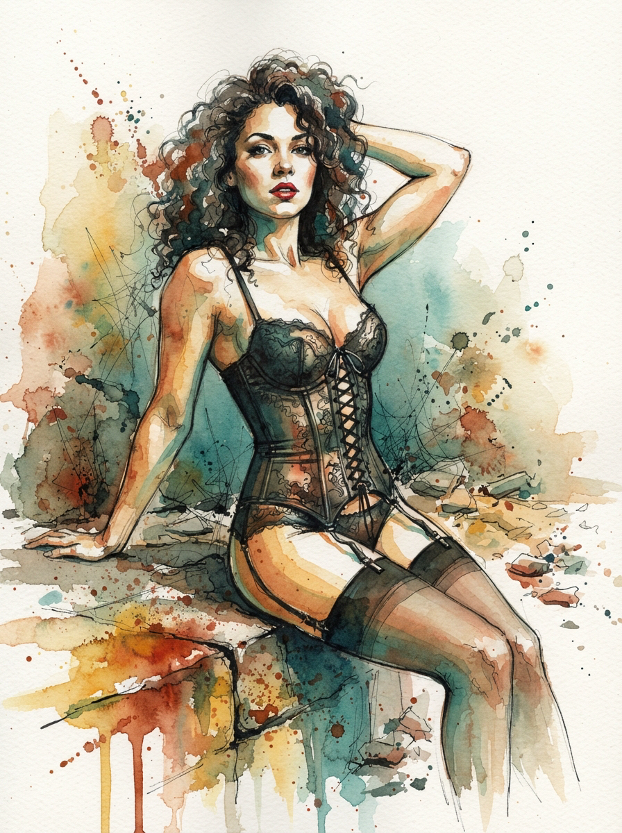 Watercolor sketch of a curly haired woman in a lace corset seated on a rocky surface