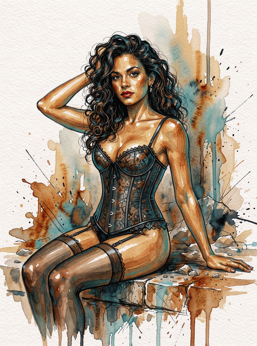 Confident woman in a lace corset sits posed on a stone ledge in a watercolor and ink illustration