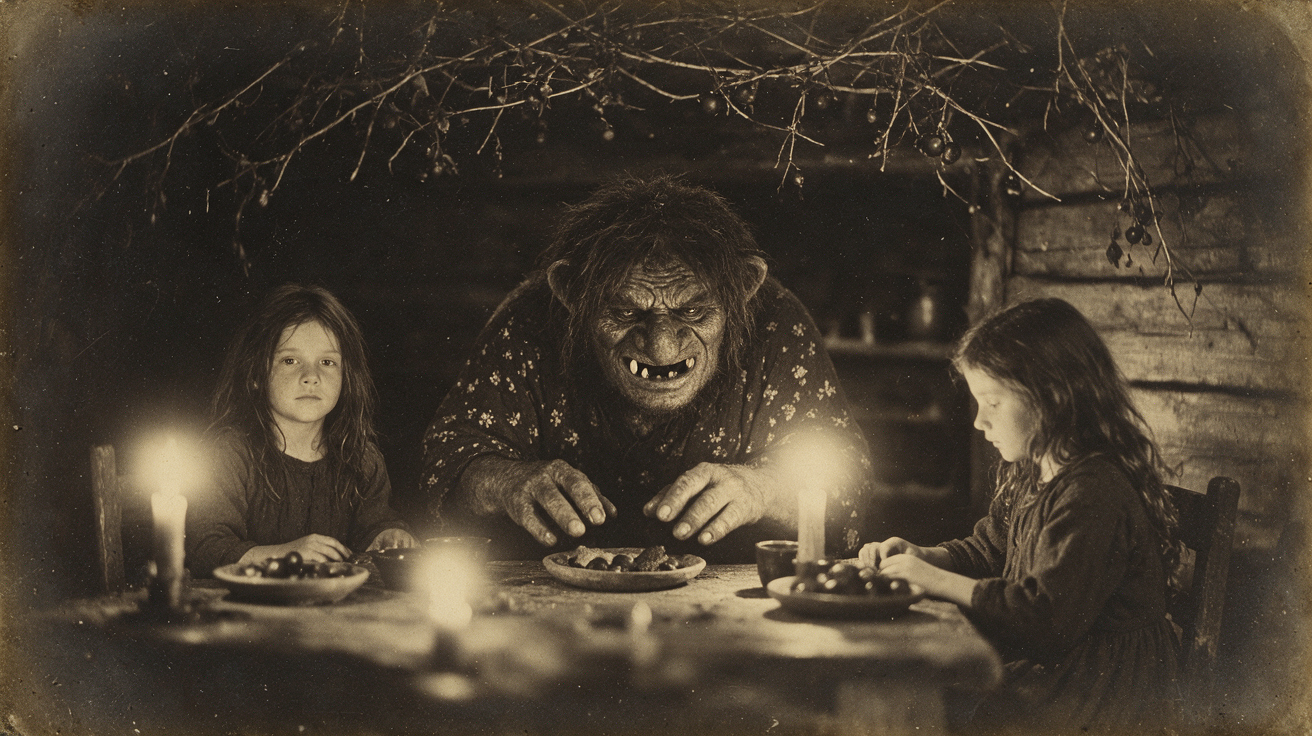 Menacing folkloric troll sits between two young girls at a candlelit log cabin dinner table