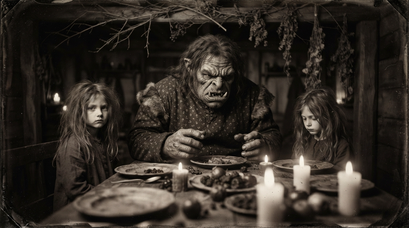 Menacing fanged troll sits between two somber young girls at a candlelit rustic cabin dinner table