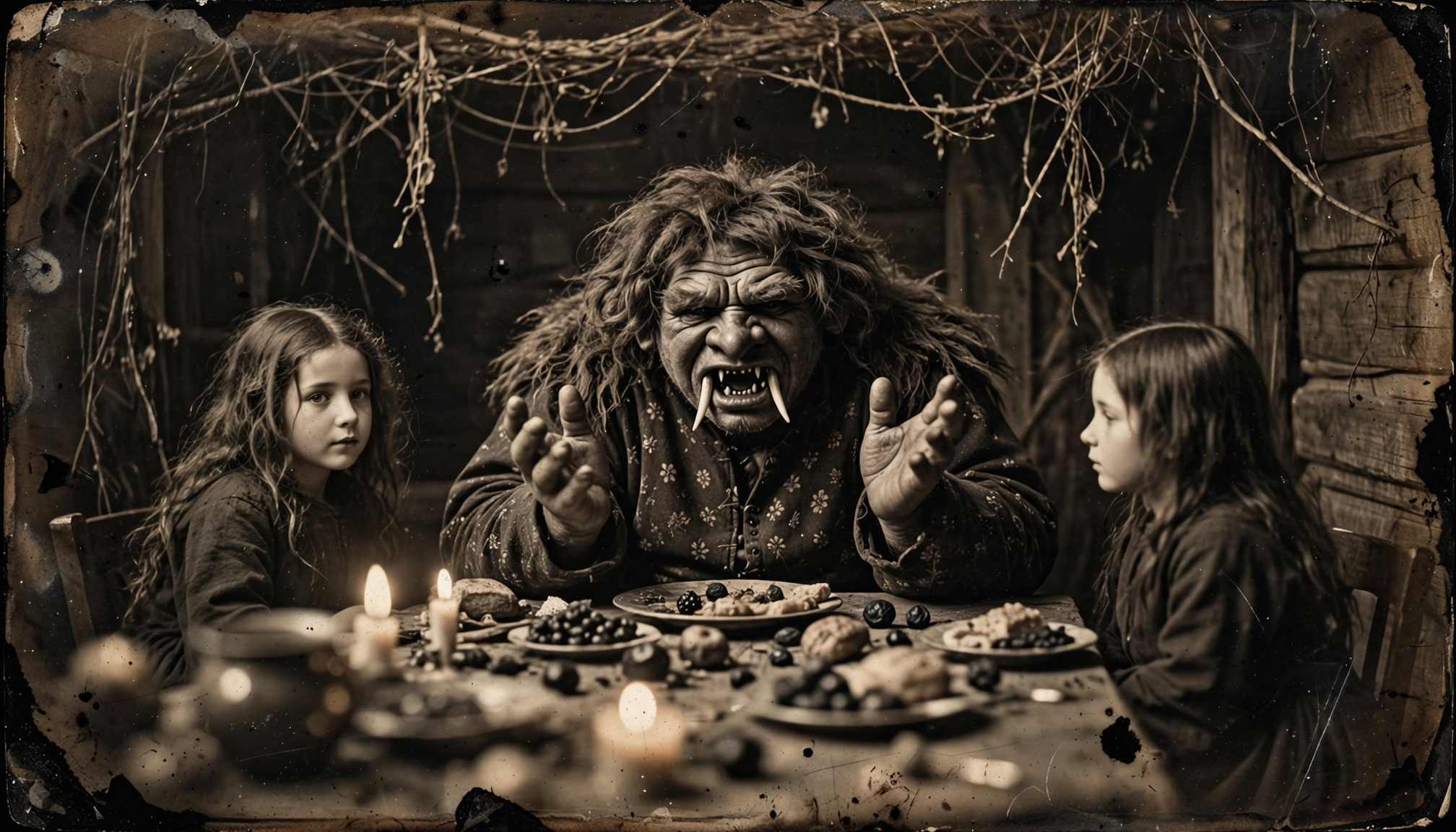 Fanged tusked troll sits at a candlelit cabin dinner table between two solemn young girls