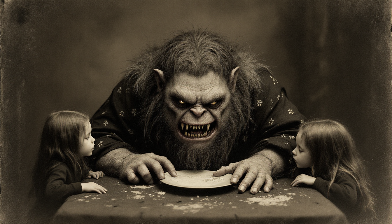 Menacing fanged troll sits between two young girls at a crumb-covered table in a vintage sepia portrait