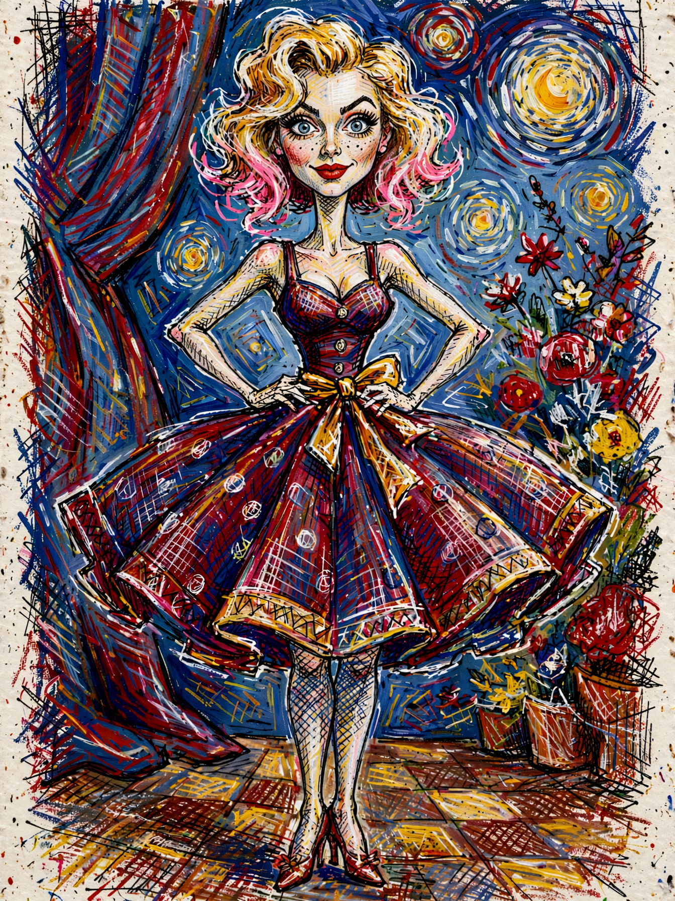 Stylized caricature of a blonde woman with pink hair in a vintage swing dress against a swirling Starry Night style backdrop