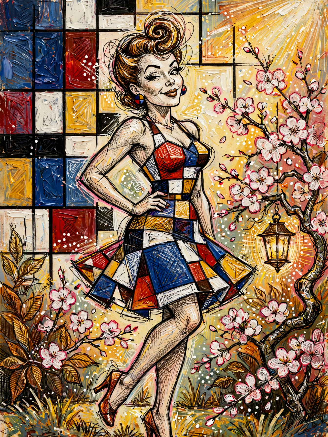 Retro pinup woman in a geometric Mondrian dress poses beside cherry blossoms with a stained glass grid background