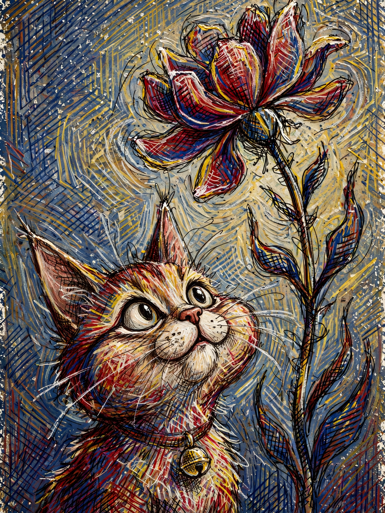 Wide-eyed ginger kitten with a bell collar gazing up at a tall vibrant blooming flower