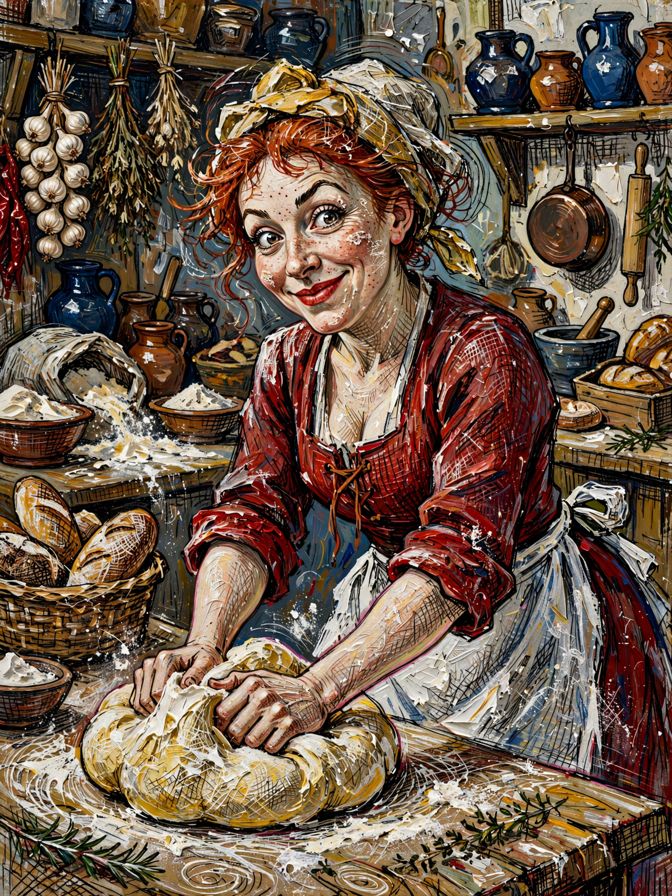 Cheerful freckled red-haired baker kneads bread dough in a cozy rustic kitchen