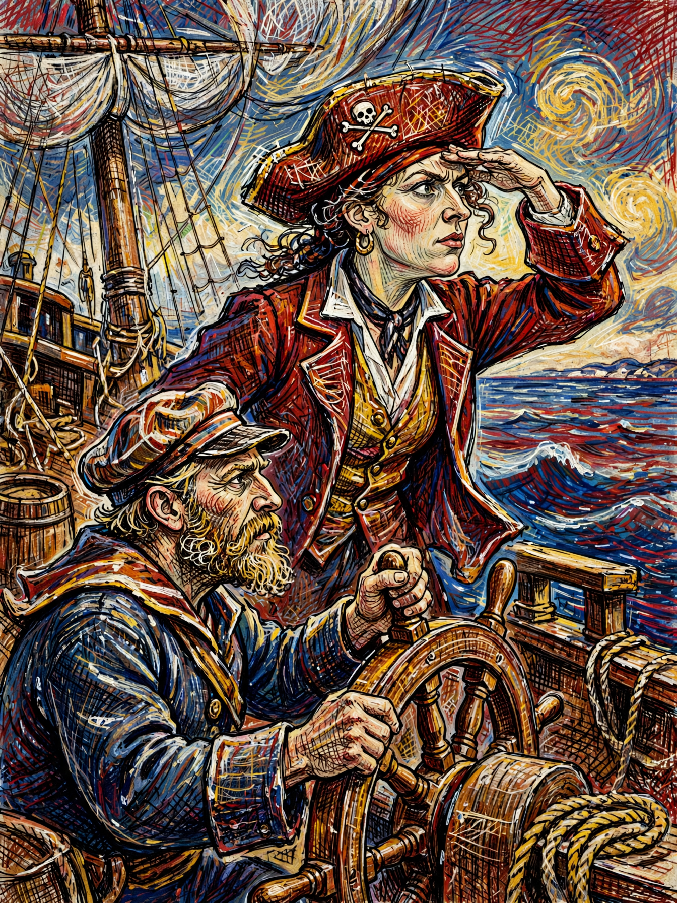 Female pirate captain scans the horizon as a bearded helmsman steers a wooden galleon at sea