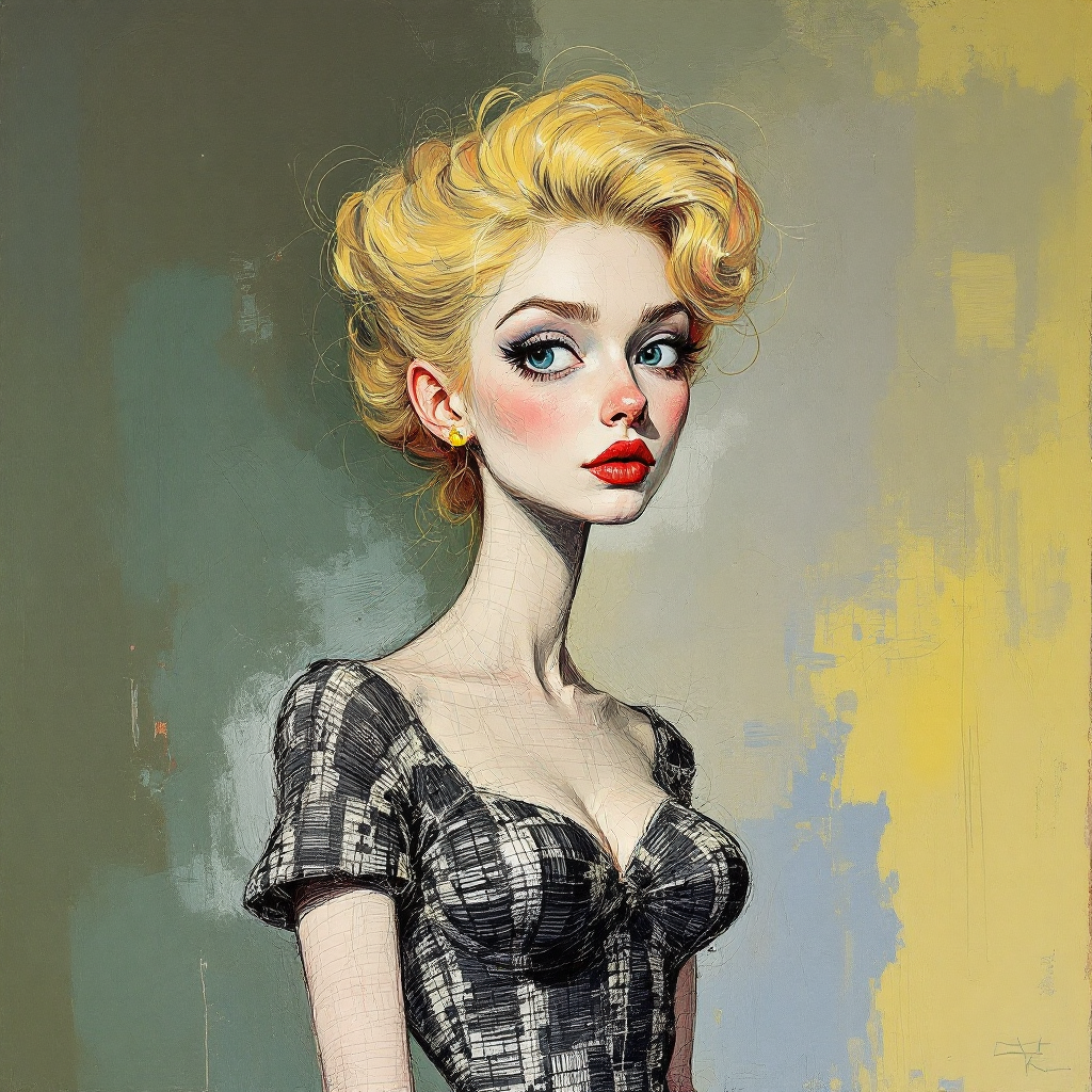 Stylized caricature portrait of a glamorous blonde woman with retro makeup against an abstract painted background